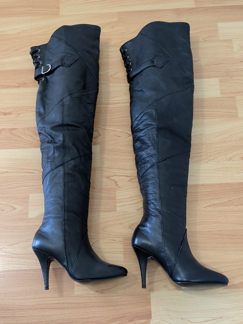 Pleaser Black Over-the-Knee Stiletto Boots with Buckle Detail